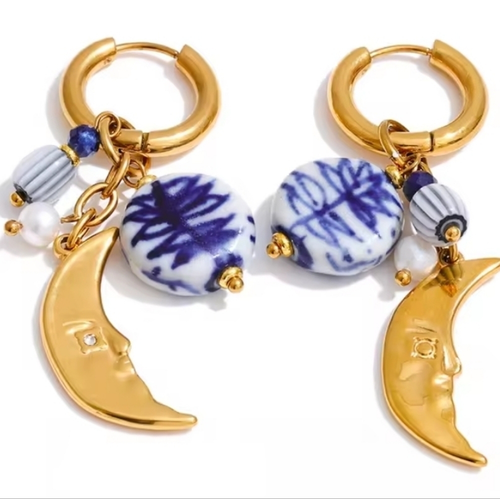 Gold Moon Blue Ceramic Charm Huggie Hoop Earrings | NWOT